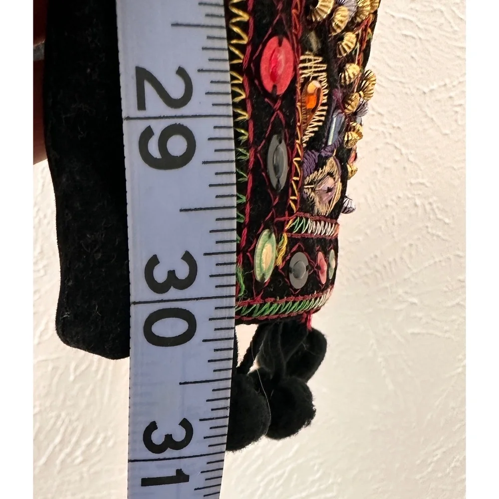 Black Crush Velvet Colorful  Front Embroidered Long Strap Purse
